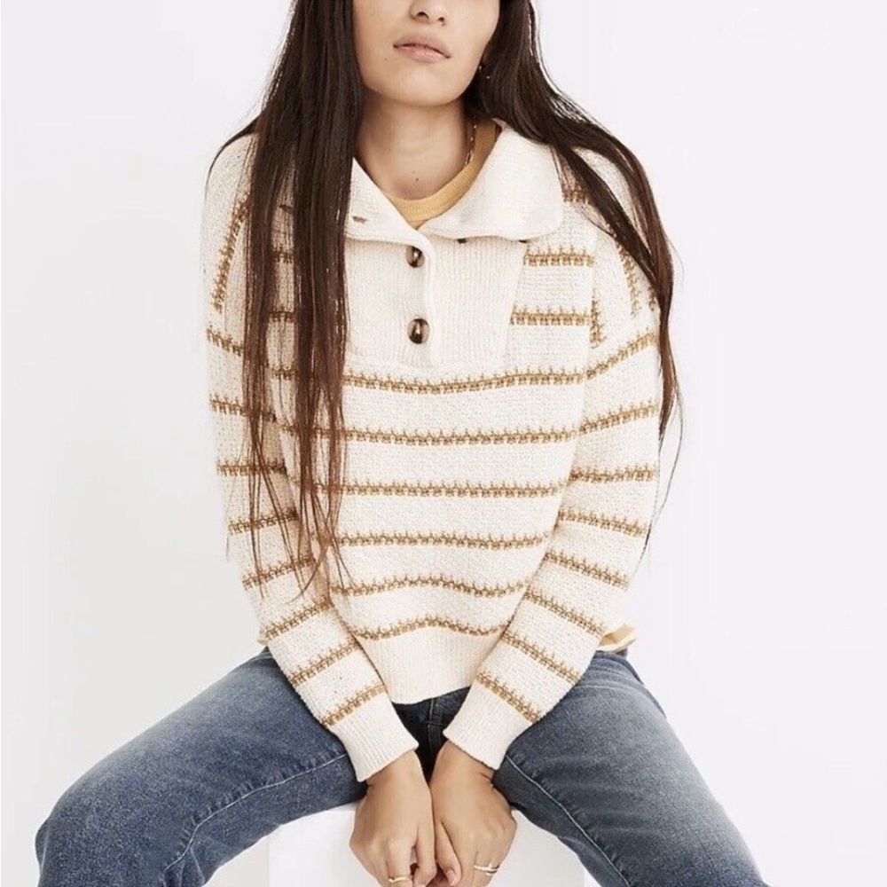 Madewell Cream and Tan Striped Collared Sweater